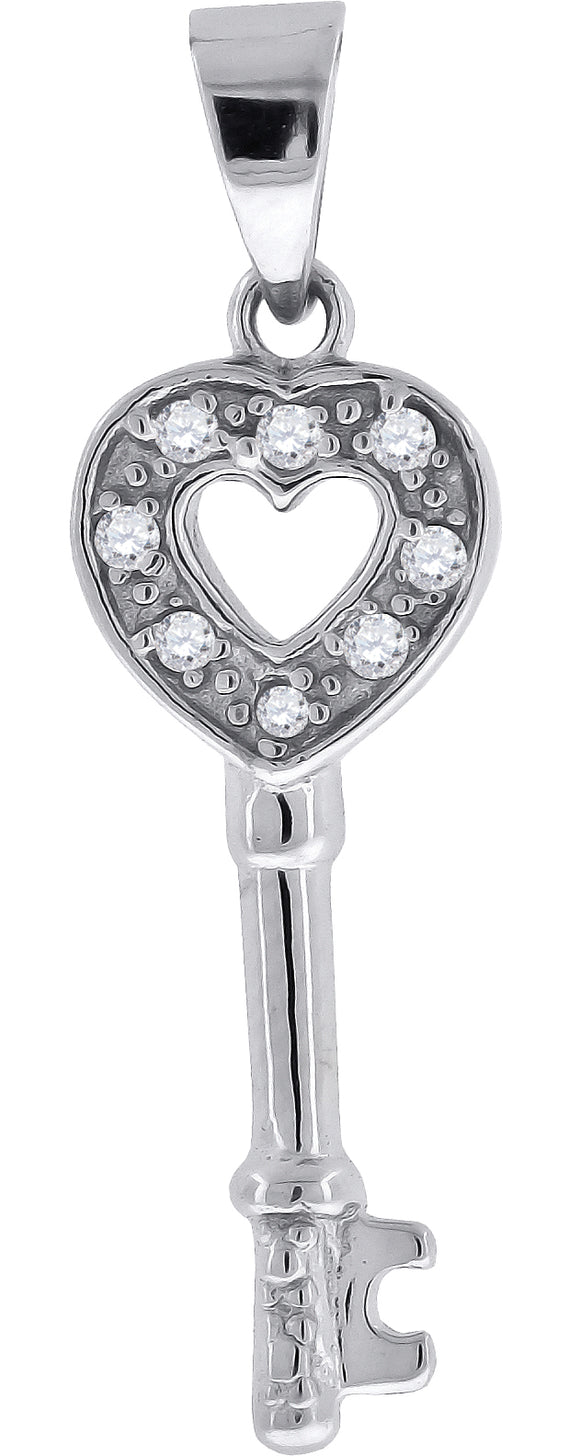 925 Sterling Silver Womens CZ Heart Key Charm Pendant