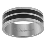 Tungsten Flat Silver-tone Mens Double Black Lines Wedding Band Comfort-fit 8mm Size-13