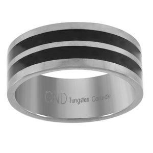 Tungsten Flat Silver-tone Mens Double Black Lines Wedding Band Comfort-fit 8mm Size-7.5