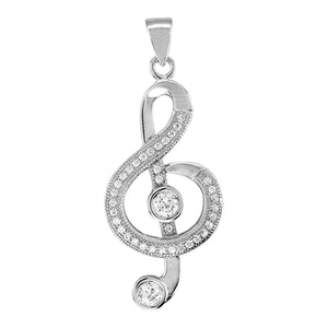 925 Sterling Silver Unisex Cubic Zirconia Note Treble Clef Charm Pendant