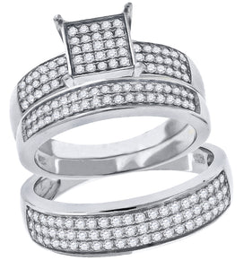 925 Sterling Silver His & Hers Cubic-Zirconia Square Head Trio Ring Set Size 7