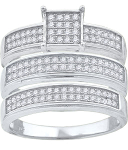 925 Sterling Silver His & Hers Cubic-Zirconia Square Head Trio Ring Set Size 7