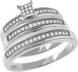 925 Sterling Silver His & Hers Cubic Zirconia Trio Ring Set Size 7