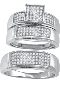 925 Sterling Silver His & Hers Cubic-Zirconia Square Head Trio Ring Set Size 7