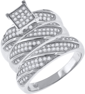 925 Sterling Silver His & Hers Cubic-Zirconia Square Head Trio Ring Set Size 7