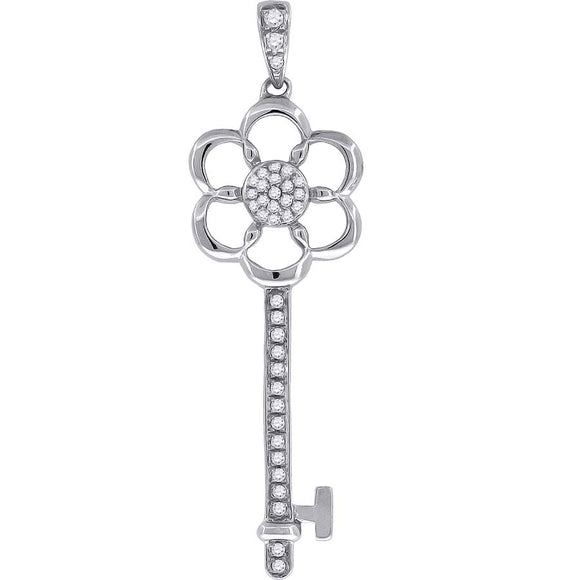 925 Sterling Silver Womens CZ Flower Key Charm Pendant