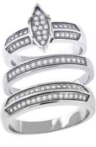 925 Sterling Silver His & Hers Cubic-Zirconia Marquise Head Trio Ring Set Size 6
