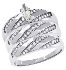 925 Sterling Silver His & Hers Cubic-Zirconia Marquise Head Trio Ring Set Size 6