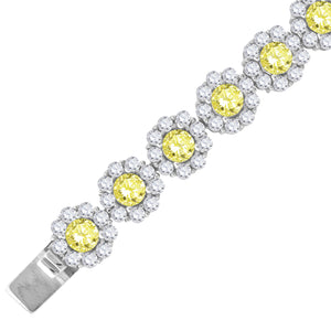 925 Sterling Silver Women Yellow & White Cubic Zirconia Fancy Tennis Flower Bracelet Size 8 Inches