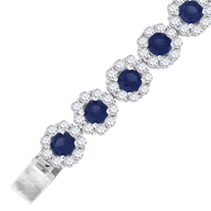 925 Sterling Silver Women Blue & White Cubic Zirconia Fancy Tennis Flower Bracelet Size 8 Inches
