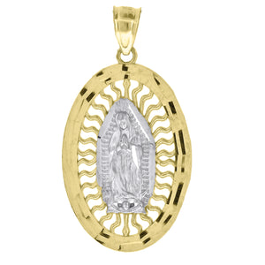 10kt Gold Two-tone Diamond-cut Unisex Guadalupe Mary Oval Ht:32.6mm x W:17mm Religious Charm Pendant