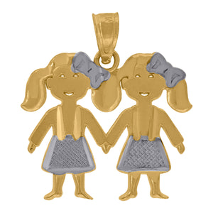 10kt Two-tone Gold Diamond-cut Baby Twin Girls Ht:20.6mm x W:19.5mm Charm Pendant