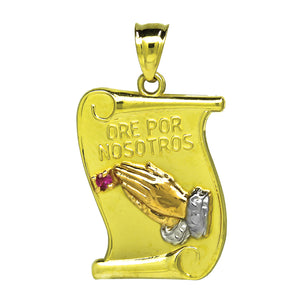 10kt Gold Two-tone Unisex Pray For Us Ore Por Nosotros Praying Hands Ht:27.4mm x W:16.3mm Pendant