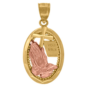 10kt Gold Two-tone Unisex Holy Bible Praying Hands Cross Ht:25.2mm x W:13.1mm Religious Pendant