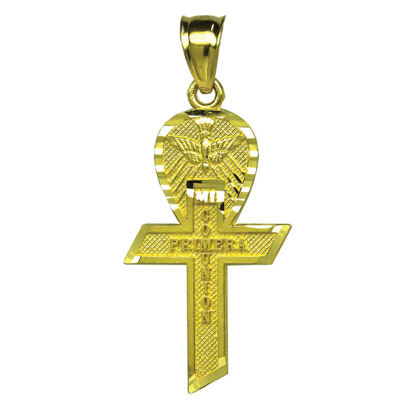 10kt Yellow Gold Diamond-cut Unisex Ankh Cross Mi Primera Comunion Ht:31.4mm x W:14.2mm Religious Charm Pendant