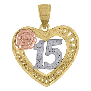 10kt Tri-color Gold Unisex Diamond-cut 15 Anos Flower Heart Charm Pendant
