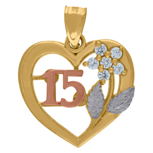 10kt Gold Tri-color Cubic-zirconia Womens 15 Anos Ht:19.2mm x W:16mm Heart Charm Pendant