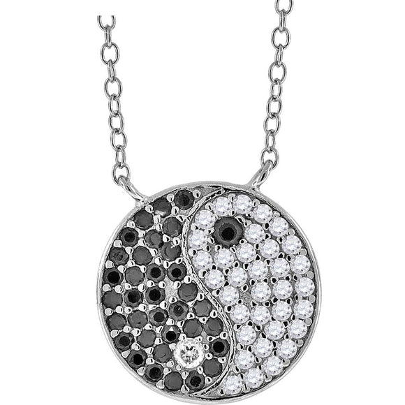 925 Sterling Silver Women Black & White Cubic Zirconia Rolo Link Yin-Yang/Tai-Chi Necklace