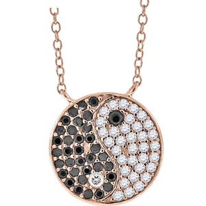925 Sterling Silver Rose-Tone Women Black & White Cubic Zirconia Rolo Link Yin-Yang/Tai-Chi Necklace