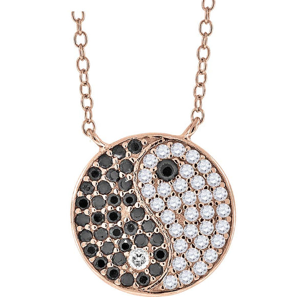 925 Sterling Silver Rose-Tone Women Black & White Cubic Zirconia Rolo Link Yin-Yang/Tai-Chi Necklace