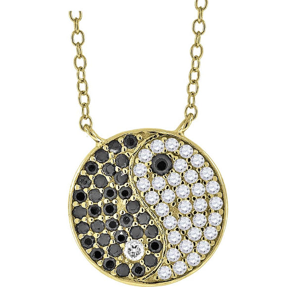 925 Sterling Silver Yellow-Tone Women Black & White Cubic Zirconia Rolo Link Yin-Yang/Tai-Chi Necklace