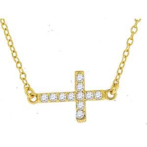 925 Sterling Silver Yellow-Tone Women Cubic Zirconia Rolo Link Cross Sideway Chain Necklace