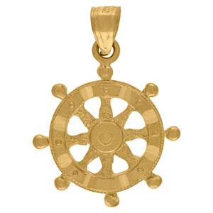10kt Yellow Gold Textured Unisex Ship Wheel Ht:27.7mm x W:19.7mm Charm Pendant