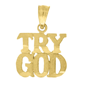 10kt Yellow Gold Diamond-cut Unisex Try God Ht:17.8mm x W:12.3mm Religious Charm Pendant