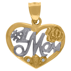 10kt Two-tone Gold Womens Textured #1 Mom Heart Charm Pendant