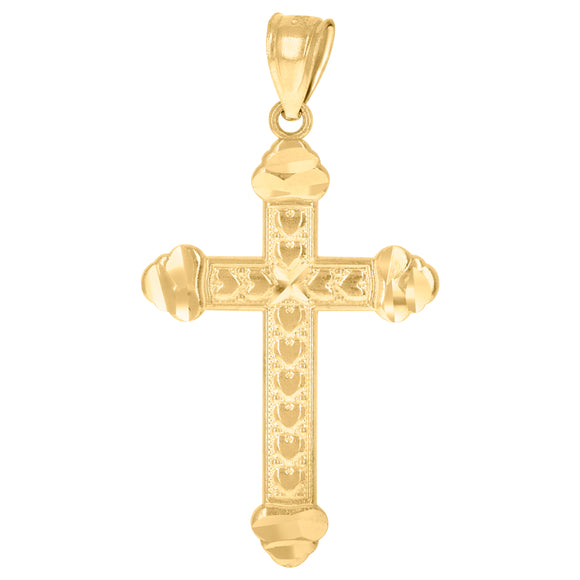 10kt Yellow Gold Unisex Textured Hearts Budded Cross Religious Charm Pendant