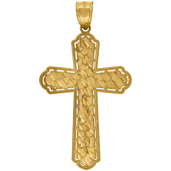 10kt Yellow Gold Diamond-cut Nugget Unisex Cross Ht:45.8mm x W:24.8mm Religious Charm Pendant