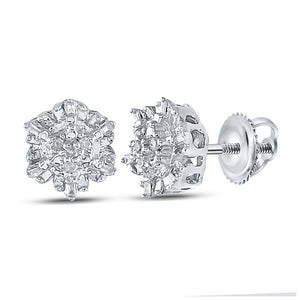 Sterling Silver Womens Round Diamond Cluster Earrings 1/10 Cttw