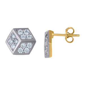 10kt Gold Two-tone CZ Mens Cube 8.6mm x 9.8mm Push Back Studs