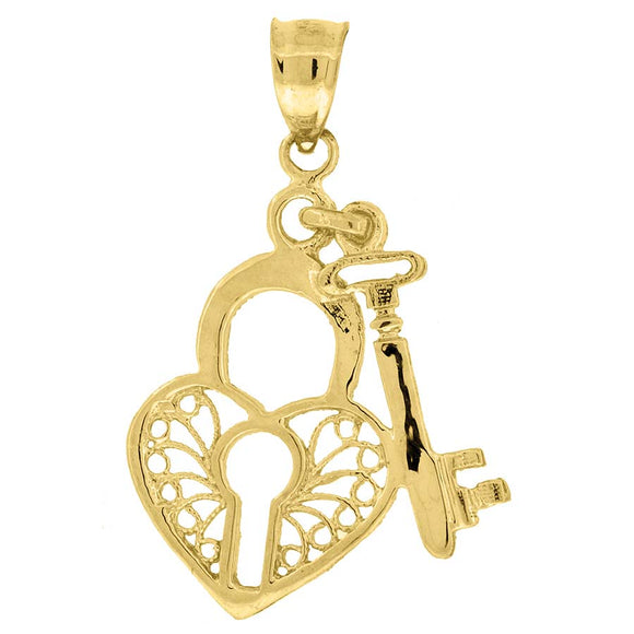 10kt Yellow Gold Womens Key Lock Ht:28.3mm x W:19.1mm Heart Charm Pendant