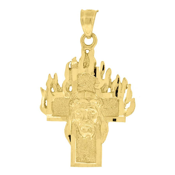10kt Yellow Gold Diamond-cut Textured Mens Jesus Cross Flames Ht:34.3mm x W:21.3mm Religious Charm Pendant