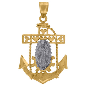 10kt Two-tone Gold Unisex Diamond-cut Guadalupe Anchor Cross Religious Charm Pendant