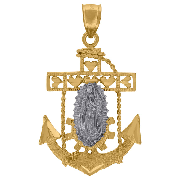 10kt Two-tone Gold Unisex Diamond-cut Guadalupe Anchor Cross Religious Charm Pendant