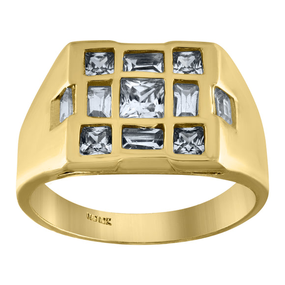 10Kt Yellow Gold Mens Princess Cut Baguette Cubic-Zirconia Square Head Fashion Rings