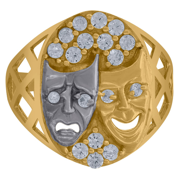 10kt Two-tone Gold Mens Cubic Zirconia CZ Comedy Tragedy Mask Ring 