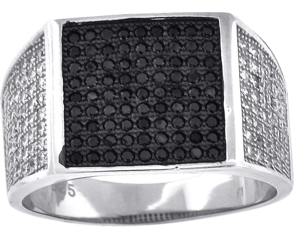 925 Sterling Silver Black-Tone Mens White Black Cubic-Zirconia Square Head Fashion Ring Size 11