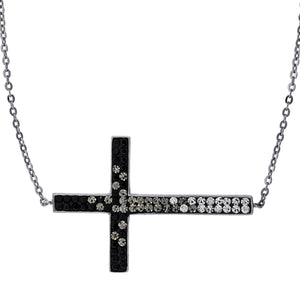 925 Sterling Silver Women Black & White Cubic Zirconia Rolo Link Cross Necklace
