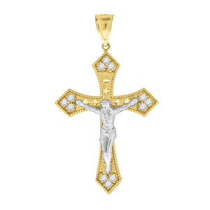 10kt Gold Two-tone Cubic-zirconia Unisex Cross Crucifix Ht:62.3mm x W:36mm Religious Charm Pendant