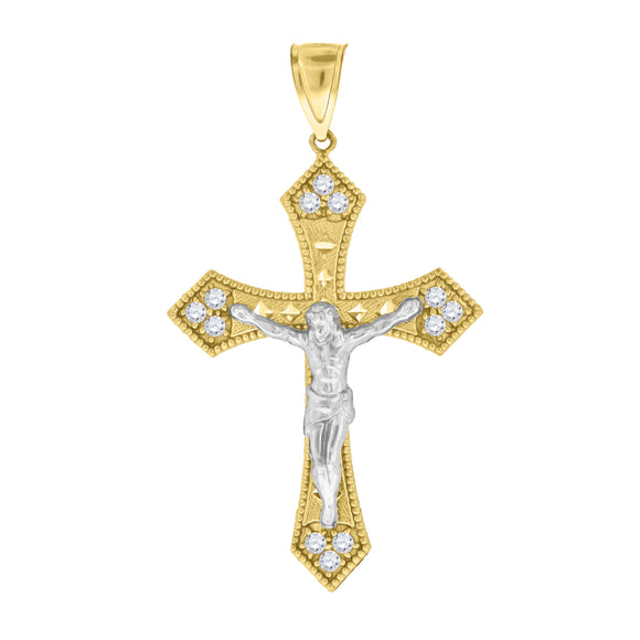 10kt Gold Two-tone Cubic-zirconia Unisex Cross Crucifix Ht:62.3mm x W:36mm Religious Charm Pendant