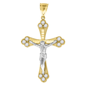10kt Gold Two-tone Cubic-zirconia Diamond-cut Unisex Cross Crucifix Ht:60.4mm x W:34.3mm Religious Charm Pendant