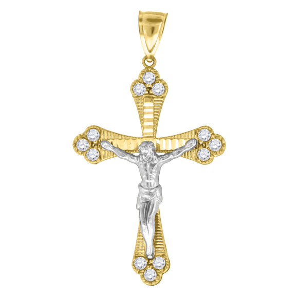 10kt Gold Two-tone Cubic-zirconia Diamond-cut Unisex Cross Crucifix Ht:60.4mm x W:34.3mm Religious Charm Pendant