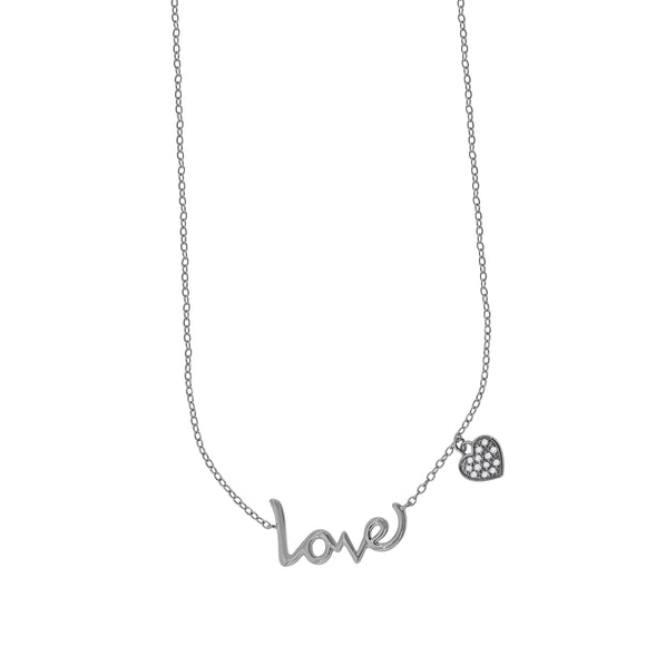 925 Sterling Silver Women Cubic Zirconia Rolo Link Love With Heart Charm Necklace