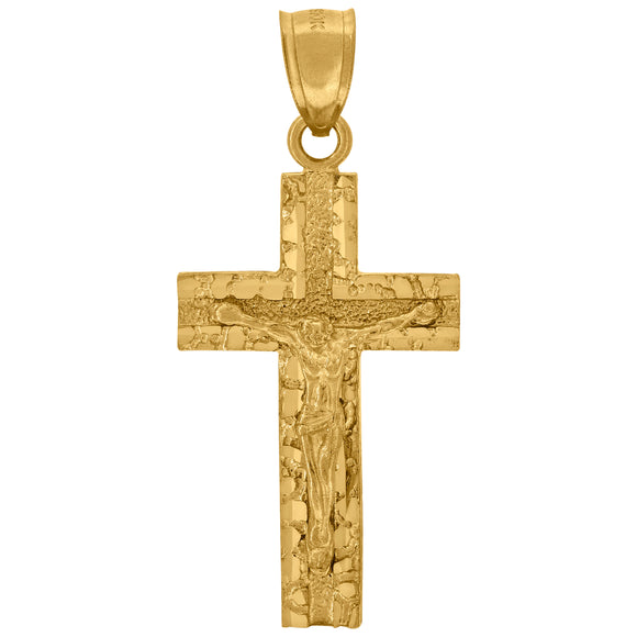 10kt Yellow Gold Mens Textured Nugget Crucifix Cross Religious Charm Pendant