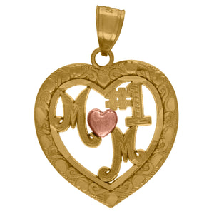 10kt Two-tone Gold Womens Textured #1 Mom Heart Charm Pendant