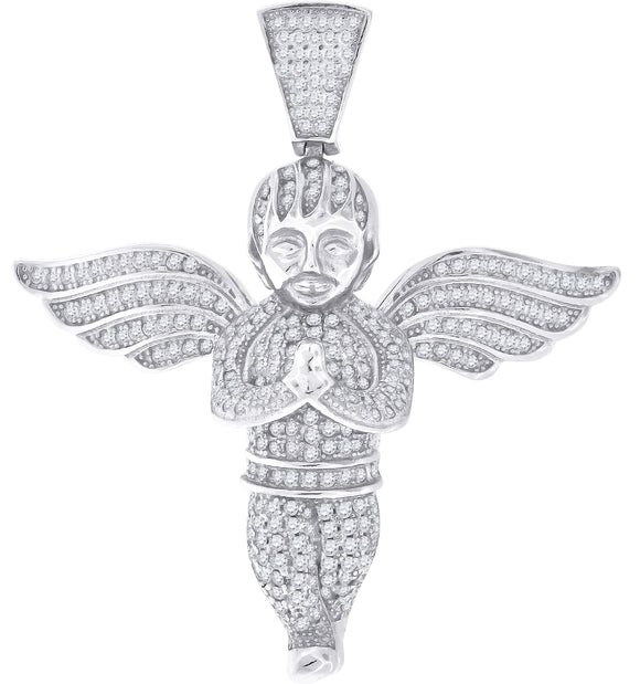 925 Sterling Silver Mens Cubic Zirconia Religious Praying Angel Charm Pendant