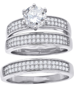 925 Sterling Silver His & Hers Cubic Zirconia Trio Ring Set Size 6